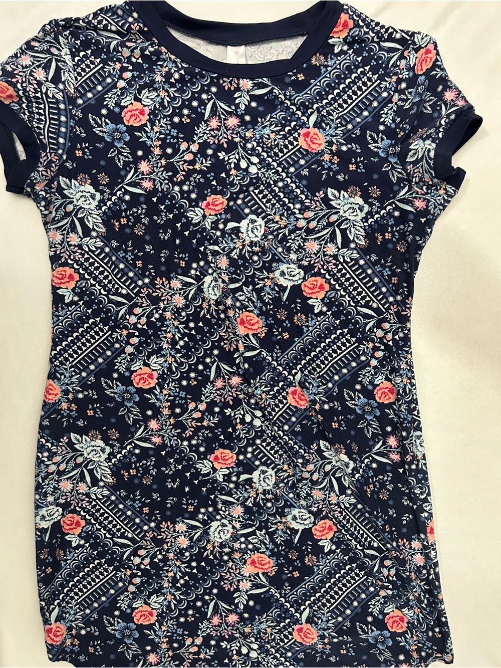 No Boundaries Navy Floral Crewneck Tee with Coral & Light Blue Accents